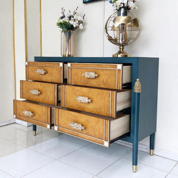 50" Modern Blue Dresser Accent Cabinet with 6 Drawers and Shell Pulls in Gold